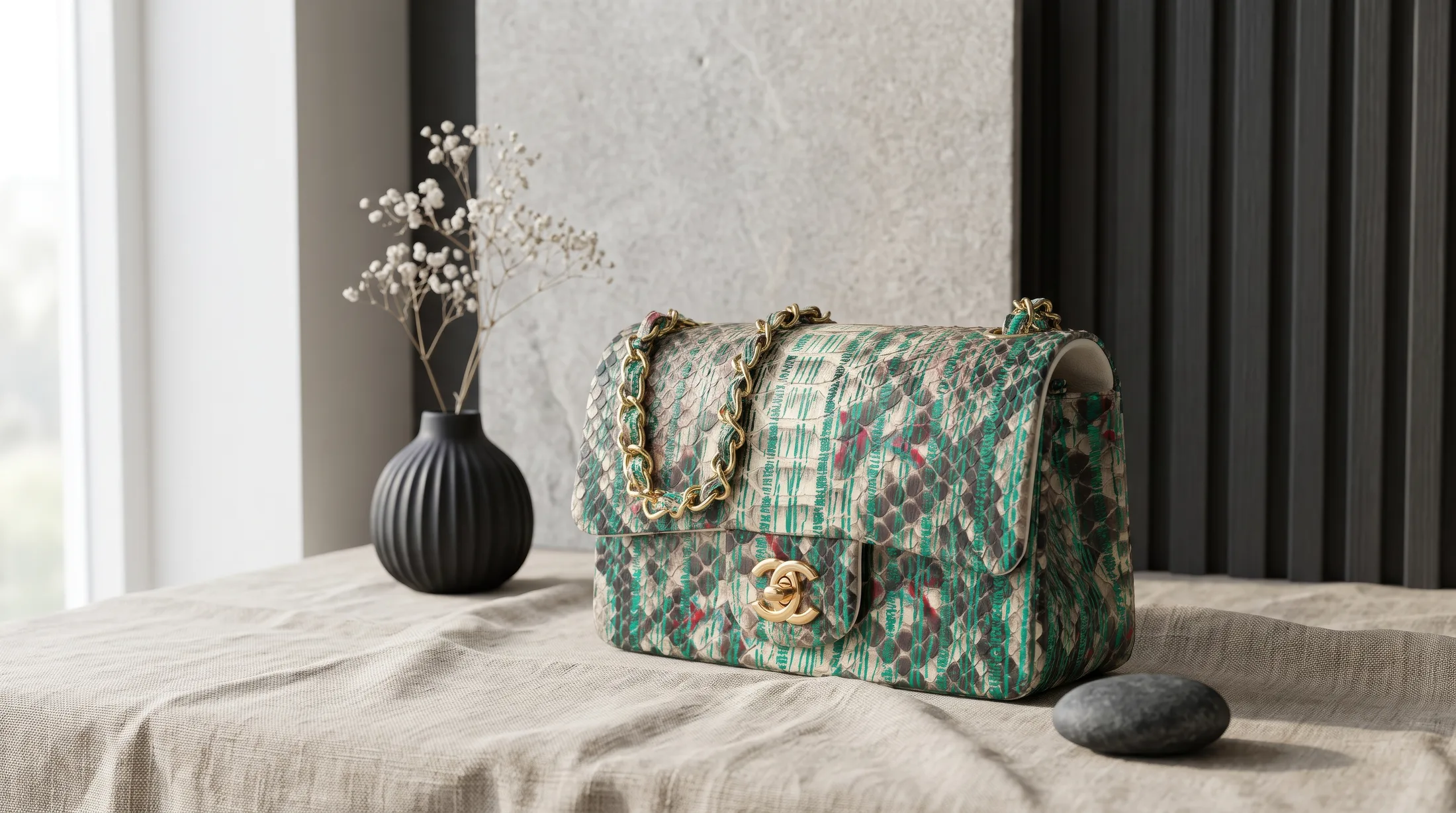 Mala com estampado de píton sobre uma mesa forrada a linho junto a flores secas e uma parede de betão